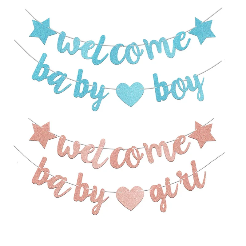 Welcome Baby Girl Boy Banner Baby Shower Pull Flag Gold Glitter Letters Party Decoration for Baby Arrival Party Flag
