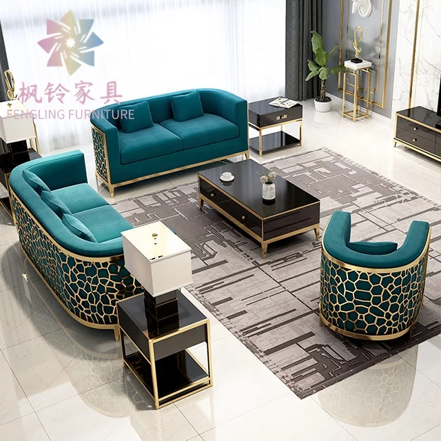 Popular Classic Italian Design High Quality Metal Stainless Steel Leather Velvet Sofa SF018