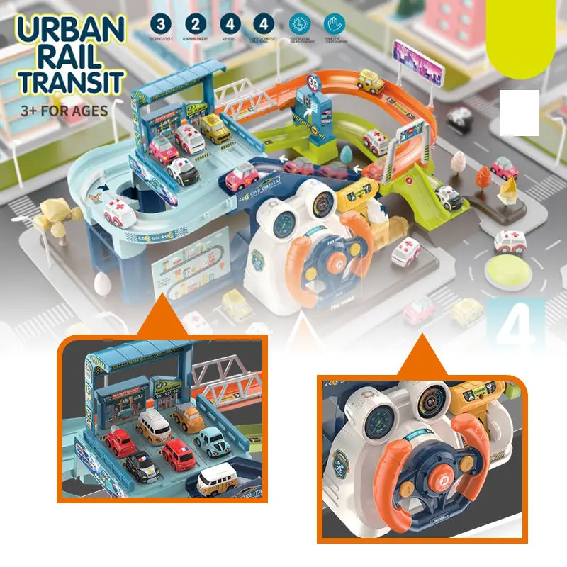 Hot Selling Kids Race Tracks Slot Toys 2 In 1 Urban Rail Track Toys Musical Steering Wheel Race Track Toys With Lighting,Music