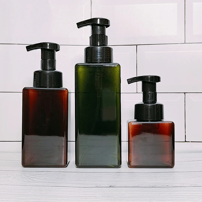 250ml 450ml 650ml Amber Green PETG Square Liquid Hand Wash Foaming Soap Dispenser Plastic Bottle with Foam Pump for Hand Wash