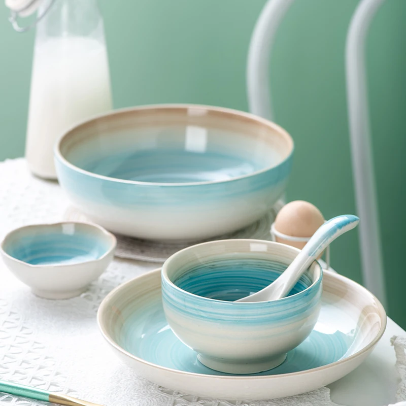 Elegant Blue&Pink Underglaze Porcelain Reactive Glaze Stoneware with Dessert Plate Cup&mup Bowl Tableware Ceramic Dinnerware Set