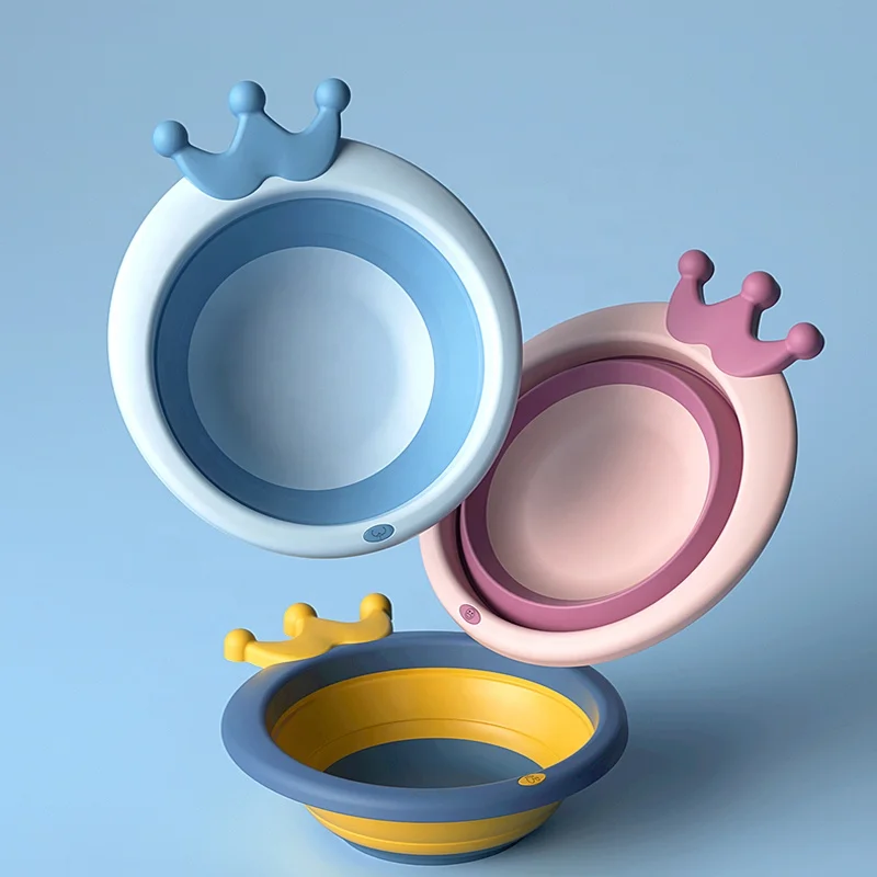 Baby Foldable Silicone Washbasin Collapsible Tourism Children Wash Basin Crown Shape Baby Bath Products for Kids