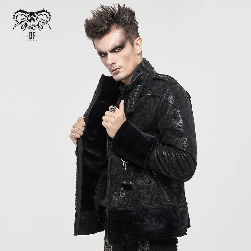 CT188 winter warm stand collar punk black men textured leather jacket with five point star
