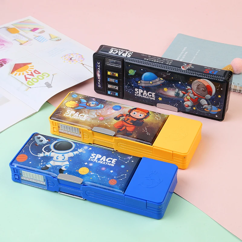 Portable Double Layers Multi-functional Little Spaceman Pencil Case Plastic Material Large Capacity Pencil Case With Magnet Lock