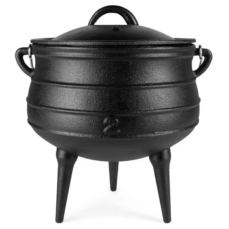 Pre-Seasoned Cast Iron Cauldron - African Potjie Pot with Lid - 3 Legs for Even Heat Distribution - Camping Dutch oven Cookware