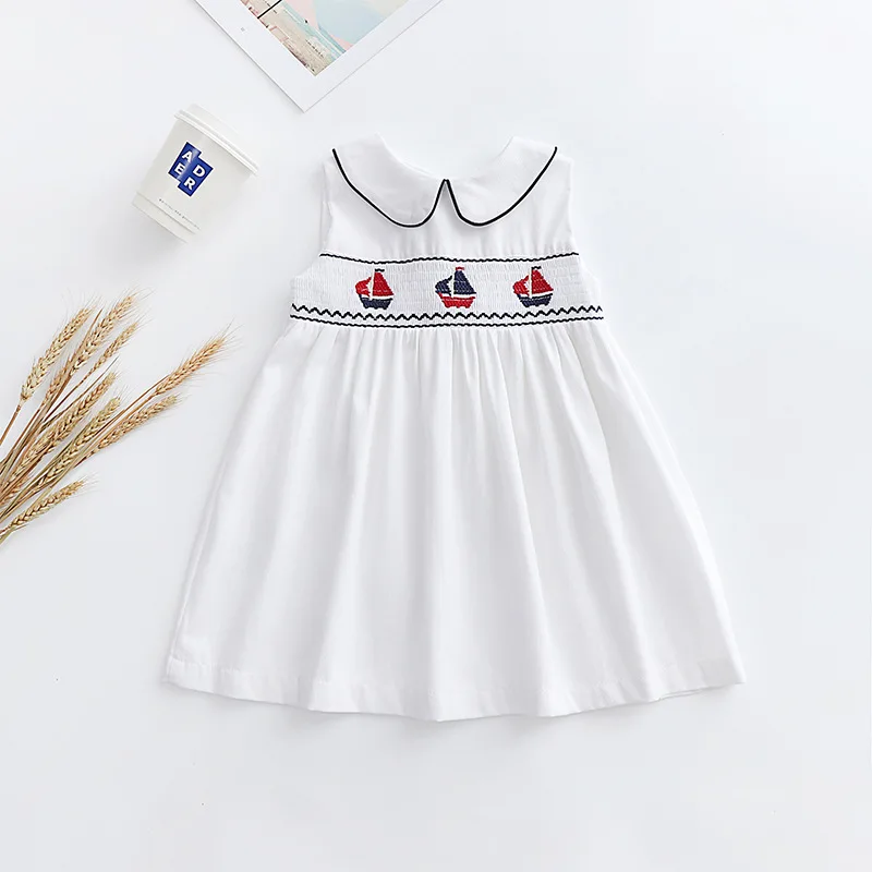 Toddler Girls White Dresses Summer Casual Wholesale Baby Clothing Girls Boutique Smock Frocks Kids Embroidery Dresses for Girls