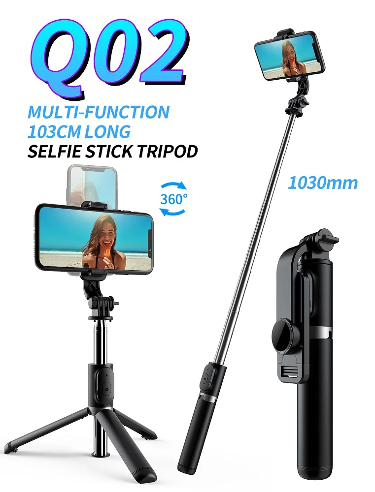 drop shipping Q02 Amazon Hot Selling Selfie Stick Intergrated Tripod Stand with Wireless Remote for Mobile Phone