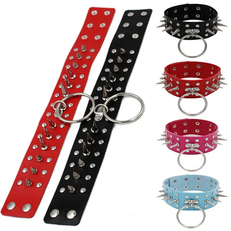 New Adjustable Punk Rock Chocker Gothic Statement Big O-Round PU Leather Spike Harajuku Rivet Choker Collar Necklace For Women