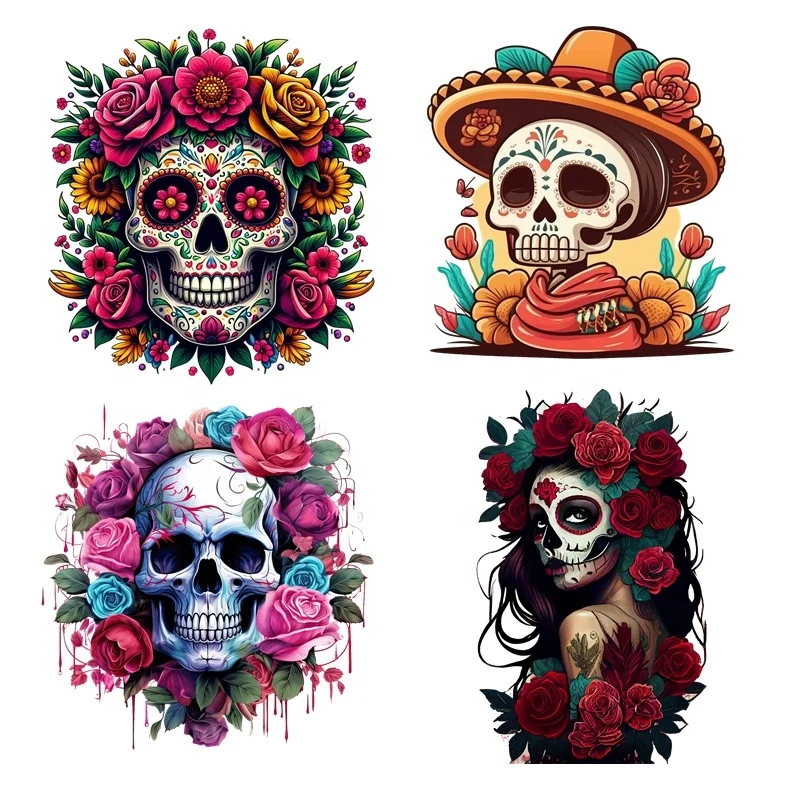 Custom DTF  T shirt Heat Transfer Mexico Skull Heat Transfer Labels Iron on Design Heat Press Mexican dtf Transfers