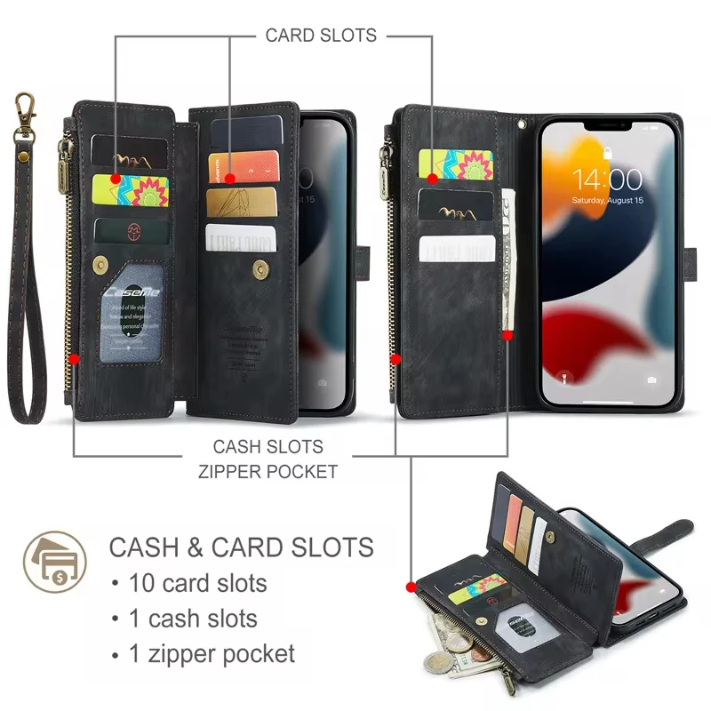Кожаный чехол для телефона iPhone 11 12 13 14 15 Pro Max XS XR X SE 2022 8 7 plus кошелек на молнии Multi Card Cover Coque