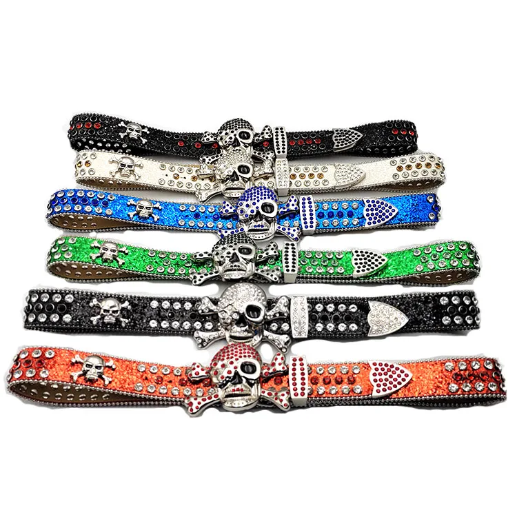 Custom logo bling bling BB belt studded diamond PU leather strap black skull buckle western cowboy  belt for men