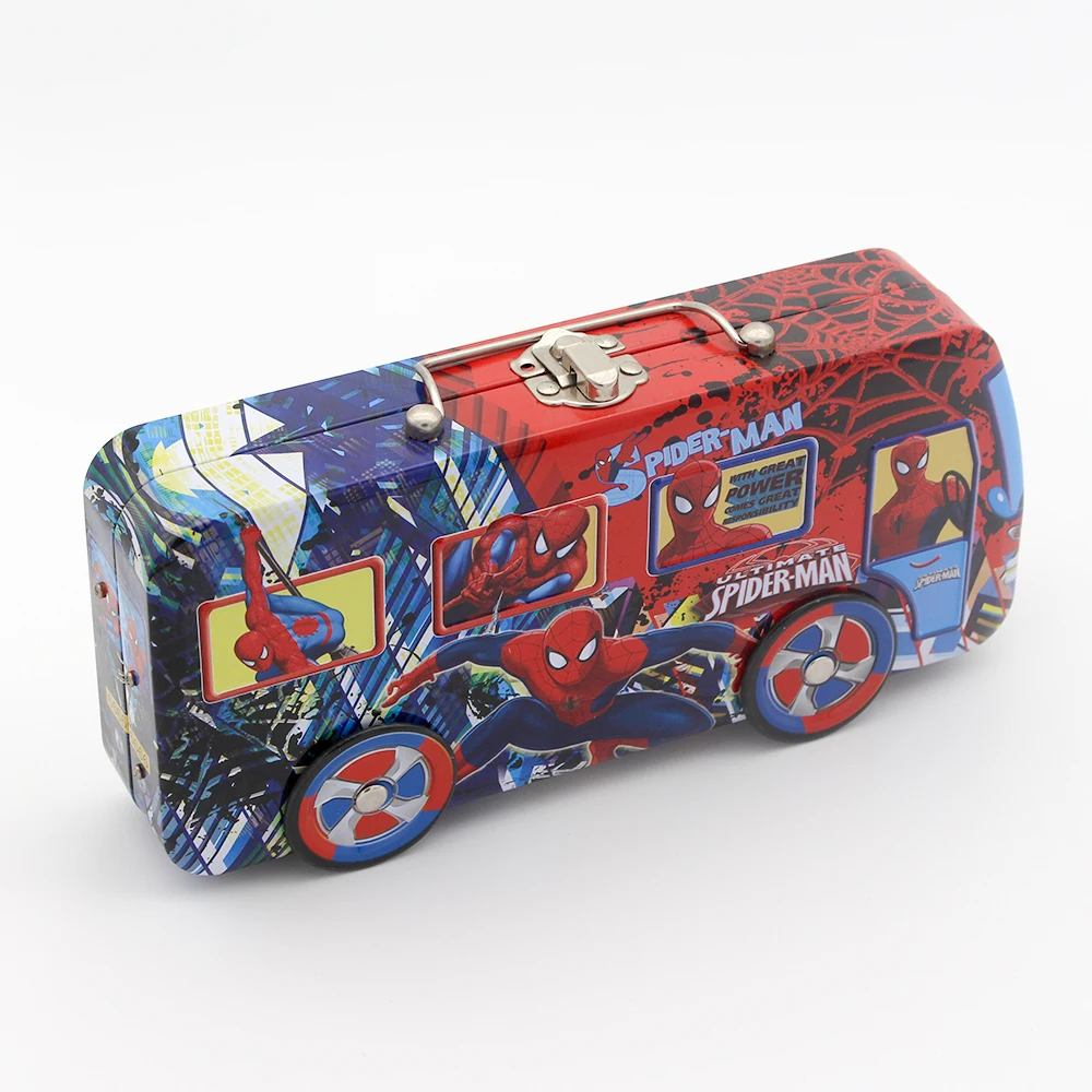New design custom printed large car shape metal tin pencil box popular empty hinged kid spider man tin pencil case
