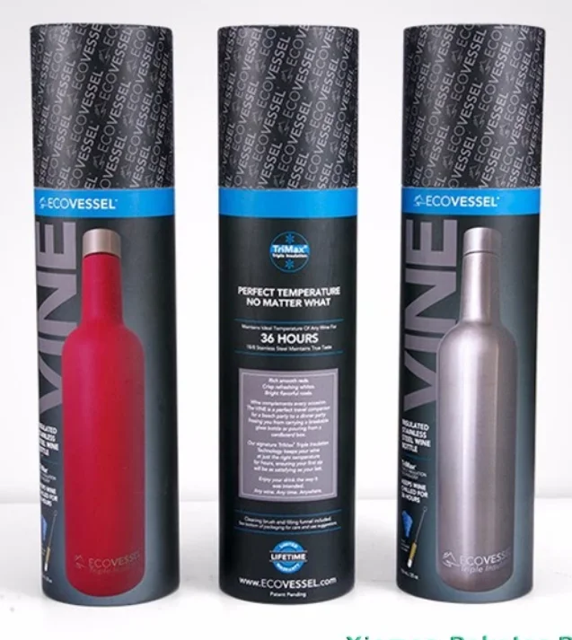 Wholesale recyclable and reusable round black cardboard cylinder white paper wine liquor bottle packaging box