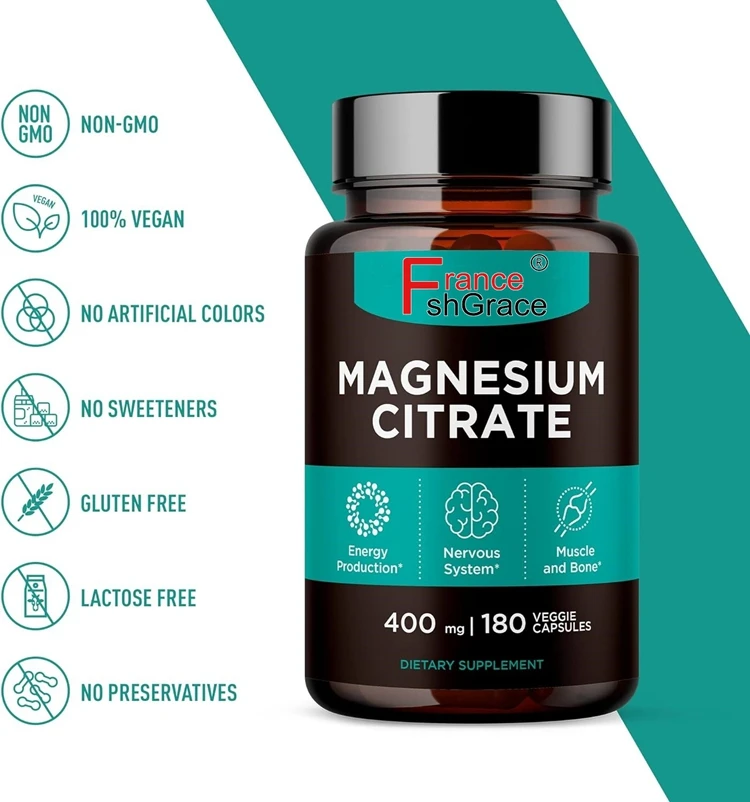 Magnesium Citrate Powder Capsules 400mg 180 Count Pure Non-GMO Supplements