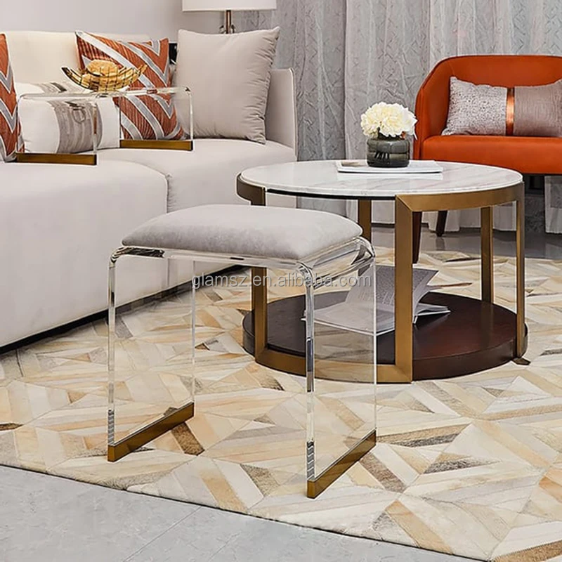 Acrylic Crystal Gold Bench Furniture Chair Stool Ottoman Clear Acrylic Stools