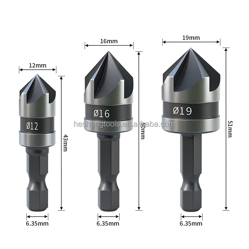 3PCS Carbon steel 90 degrees round handle five edge chamfering device three 12/16/19mm chamfering drill hole for cutting wood