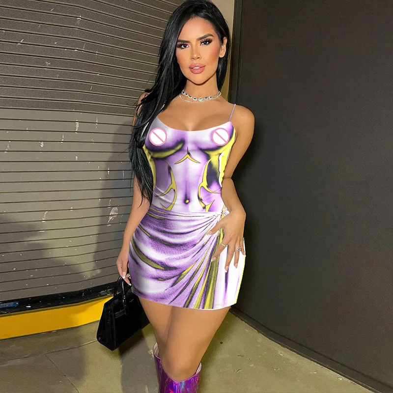 spaghetti strap printed color backless clubwear for women 2023 summer hot fitted dresses slim sexy mini