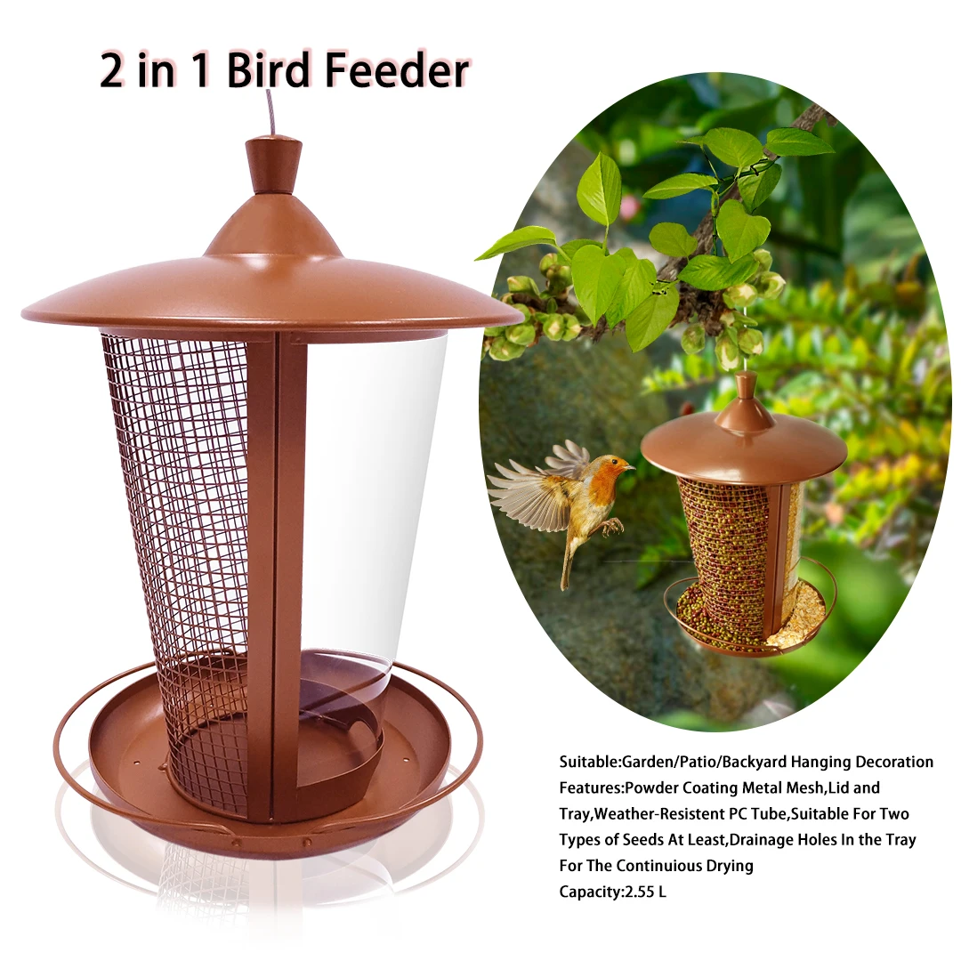  Factory Direct 2 In 1 High Capacity Metal Mesh Plastic Tube Wild Hopper Bird Feeder Outdoor Garden Backyard