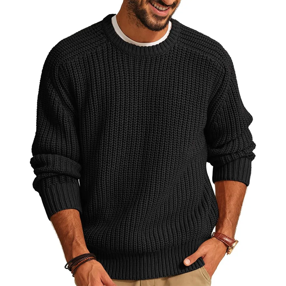 High quality retro top fashionable round neck versatile outdoor daily pullover black winter casual knitted sweater men popular