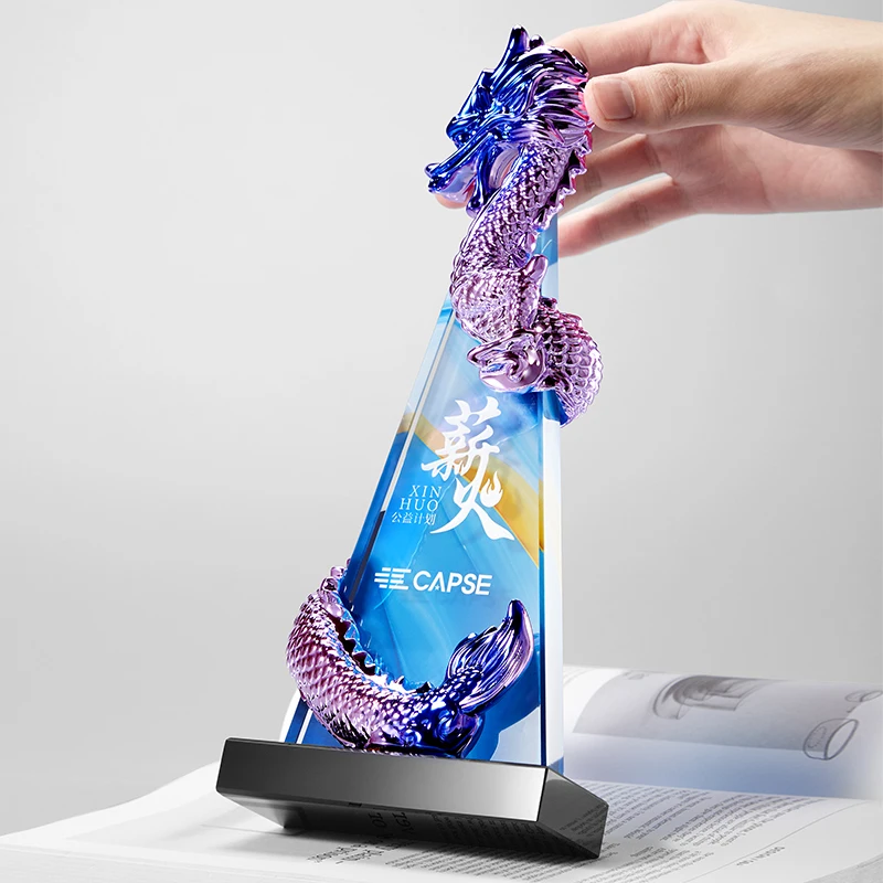 2024 eurovision Decoration large Chinese Gold Dragon champion Trophy cup award Zodiac Crystal Dragon Trophy customized with base