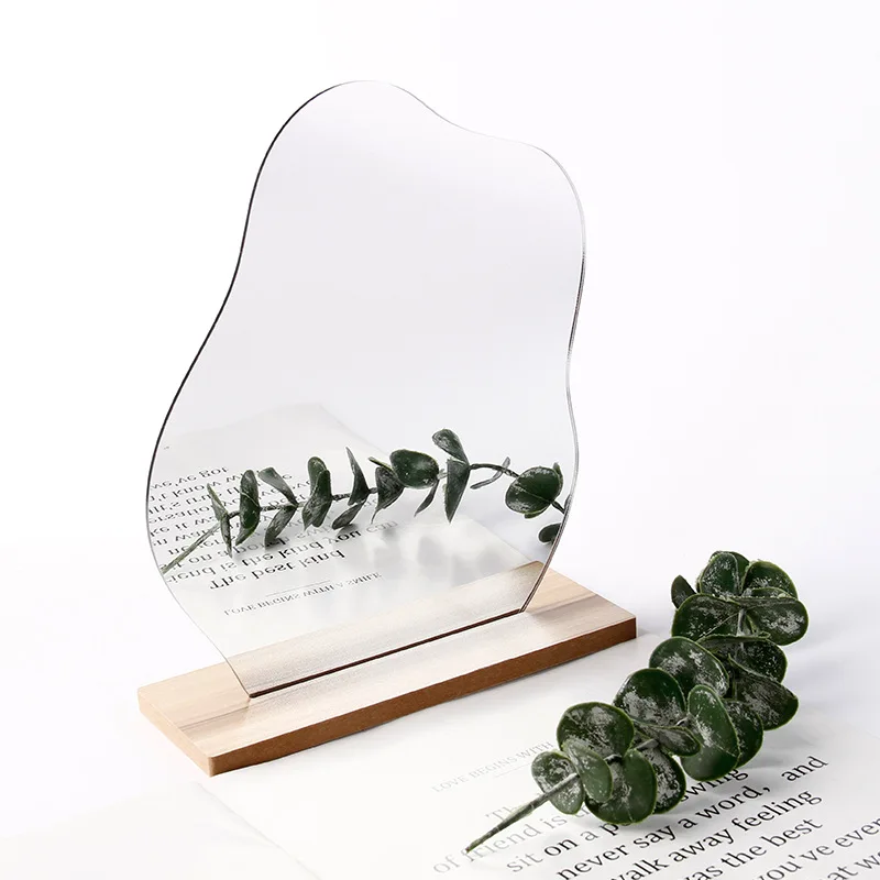 Minimal Home Decor Decorative Desk Tabletop Irregular Frameless Aesthetic Acrylic Vanity Mirror with Wood Stand for Living room