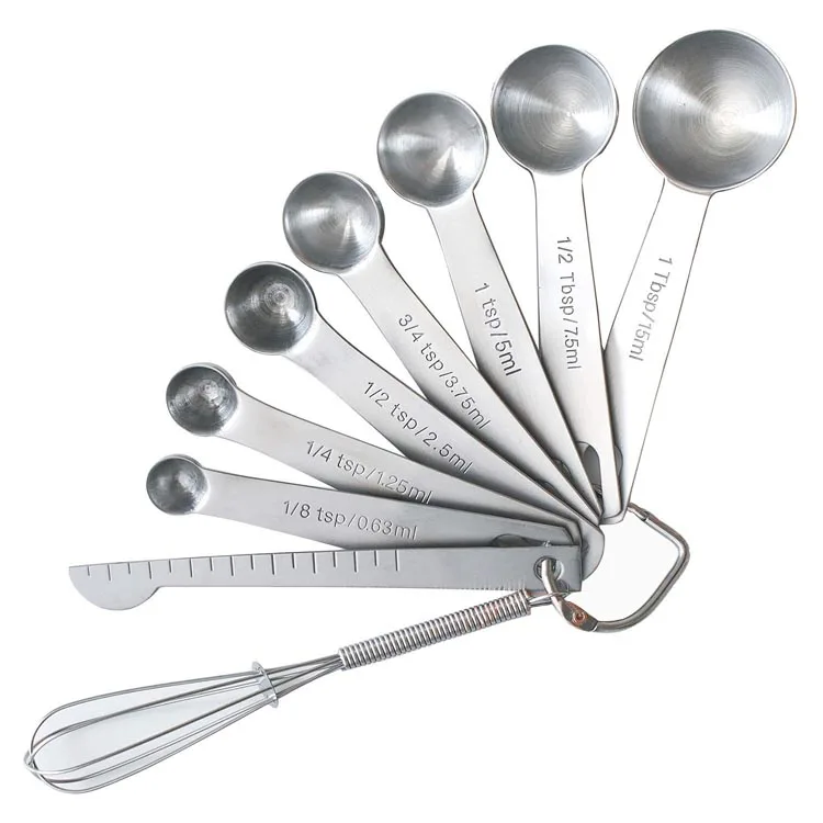 Set of 9 Stainless Steel Metal Measuring Spoons with Leveler and Whisk