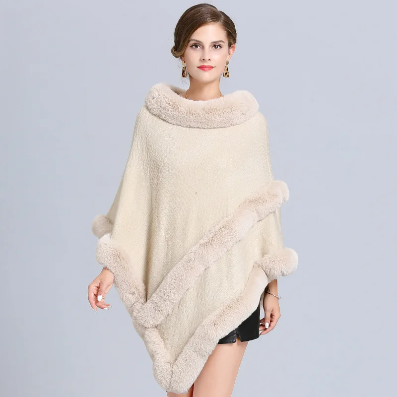 Winter Ponchos And Capes latest fashion faux fur trimmed hooded knitted Poncho Sweater poncho for women
