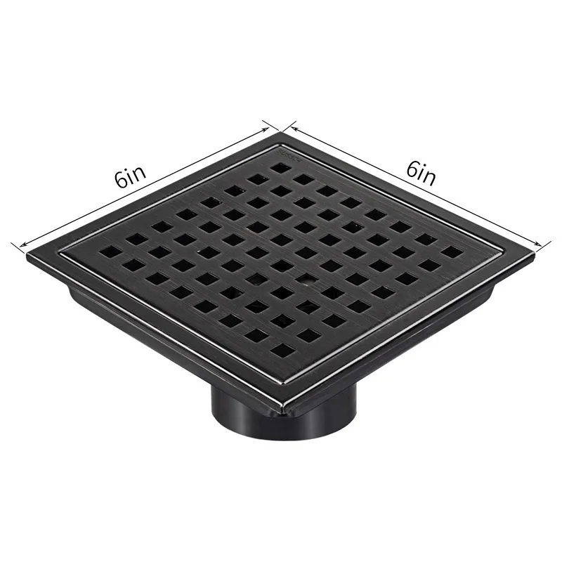 6 inch gold Square Shower Drain with Flange Black Shower Floor Drain Kit 4 inch Removable Grid Grate SUS 304 Stainless Steel
