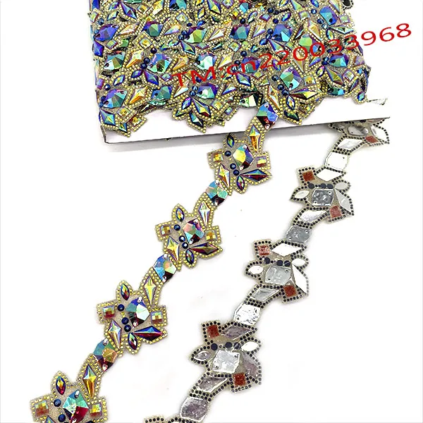 Africa Events Colorful Rhinestone Floral Lace Trim Ribbon Fabric Flower Embroidery Glitter Appliques Trimmings Sewing for Fete