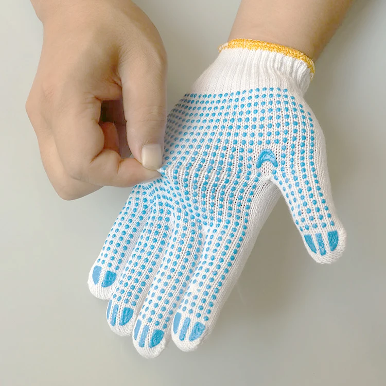 7g cotton knitted with latex finished grey navy blue cotton knit glove with one side dots weaving dots