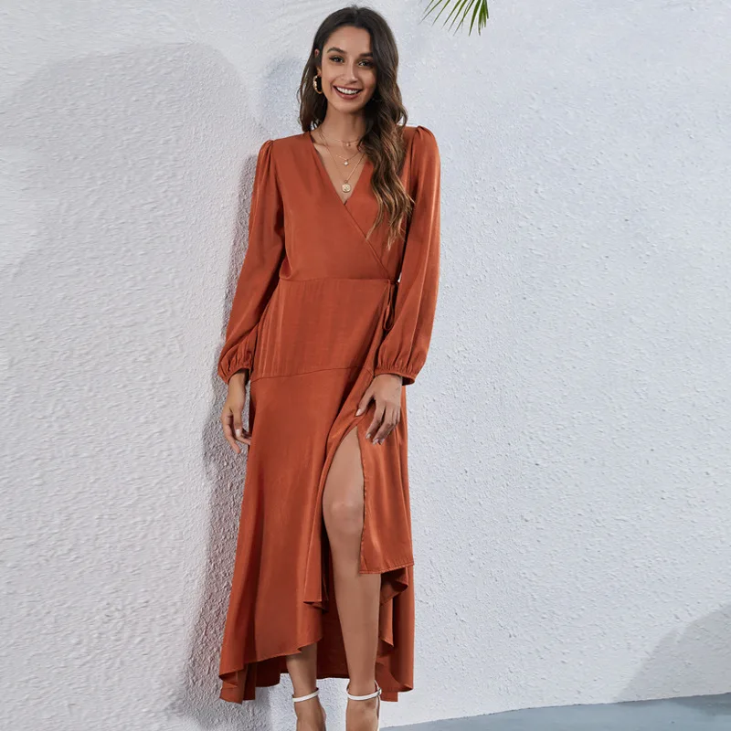 V-neck tie fashion irregular sexy skirt ankle length dress evening dresses for women