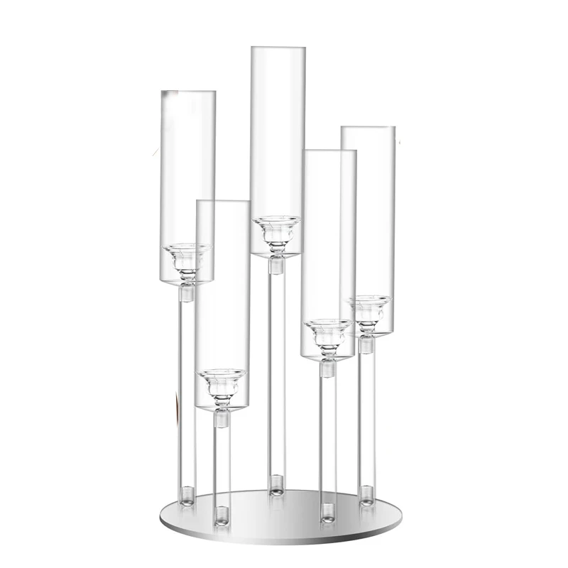 5 Arms Acrylic Clear Candelabra Centerpieces for Wedding, Pillar Taper Candlesticks Candle Holders with Acrylic Shade