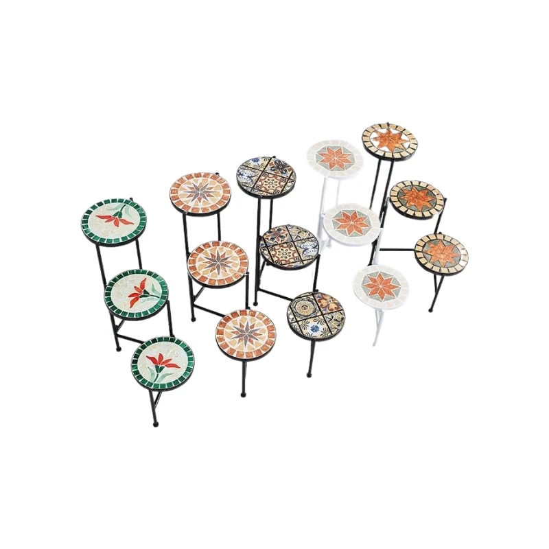 Plant Stand  3-Tier Indoor or Outdoor Folding Wrought Iron Ceramic Tile Top Home and Garden Display Stand Holder