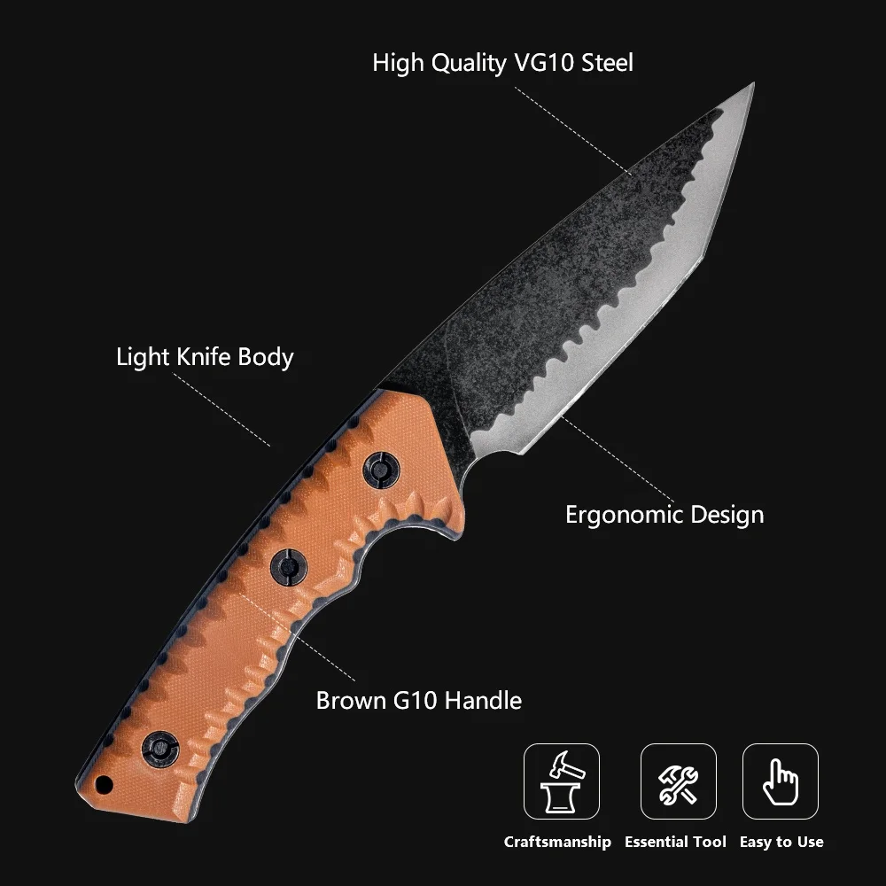 Precision-Crafted Outdoor Knives Self Defense Knife VG10 Steel Blacken Surface Fixed Blade Survival Knives For Men