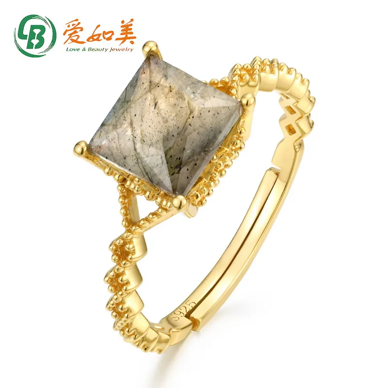 High Quality Square Stone 925 Sterling Silver Ring Labradorite Gold-plated Wedding Ring For Women