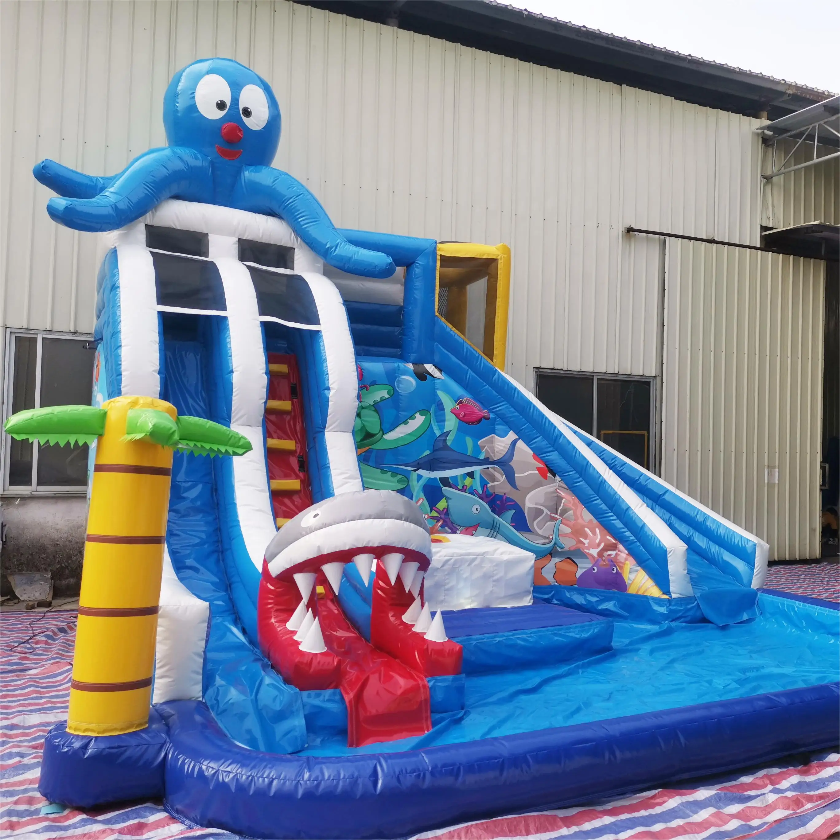 Commercial water park inflatable bounce octopus bounce pool slide water bounce slide with pool