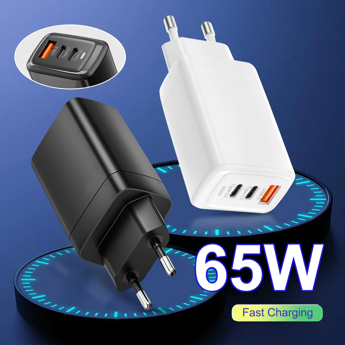 Custom US EU Wall Plug 3 Usb Ports Quick Charge QC3.0 New PD 65w Usb-c Fast Charger GaN Tech Type c Power Adapter