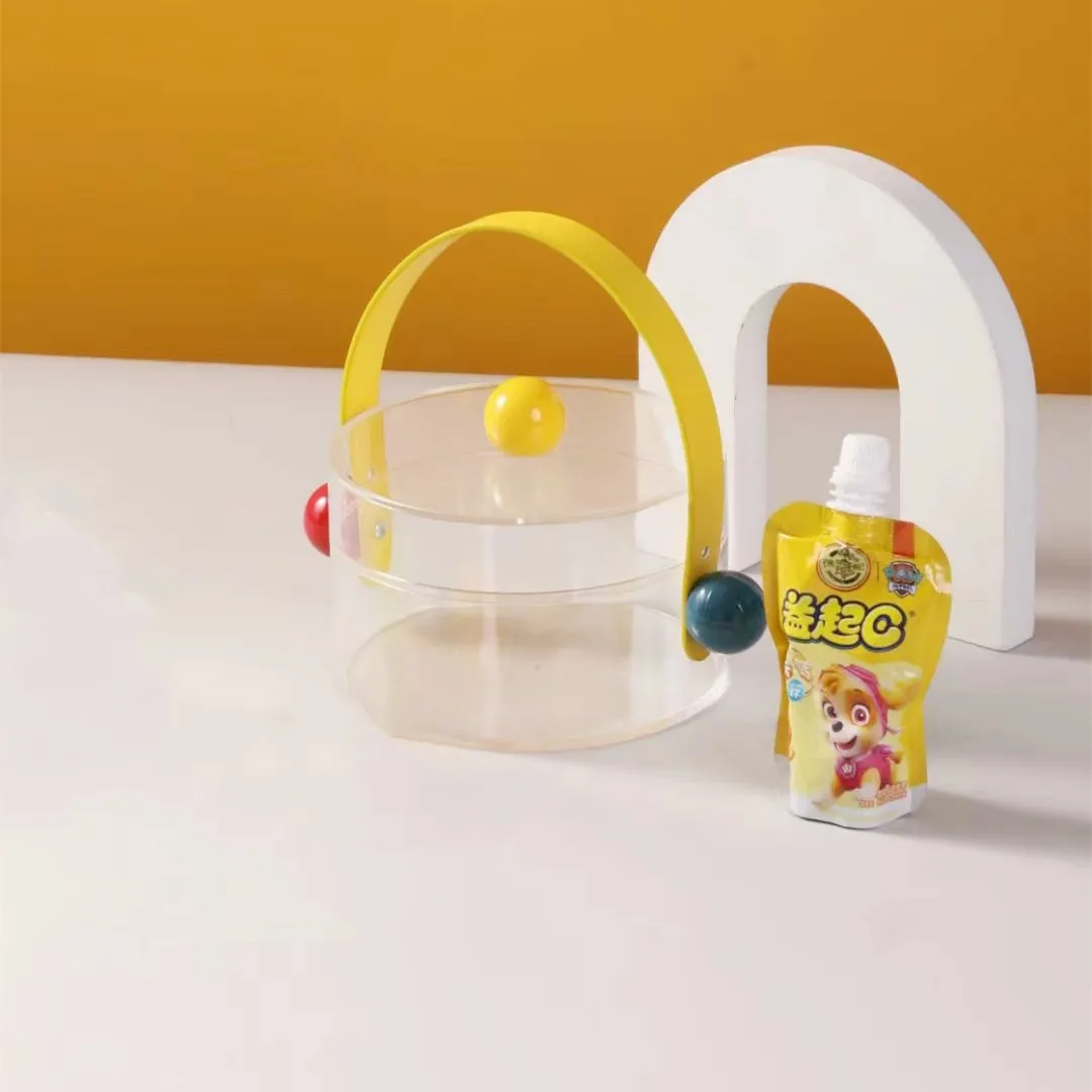 Cute Acrylic Candy Box Clear Round Storage Boxes with Handle Transparent Kids Party Wedding Gift Packaging Display Box with Lid