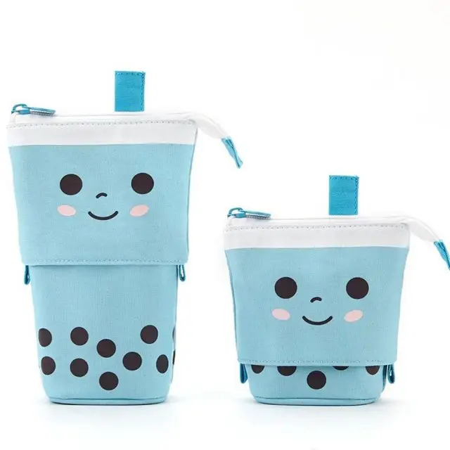1 Set Cute Boba Milk Tea Telescopic Pen Bag Pen Pencil Holder Stationery Case Stand Up Pencil Case Pen Box Stationery Pouch Bag