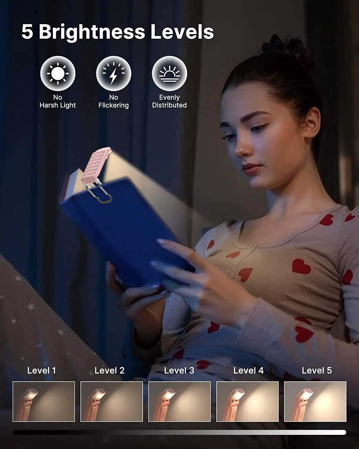 USB Rechargeable Book Reading Light Brightness Adjustable Led Clip on Book Light Eye Care Book Lamp for Kids Read Light