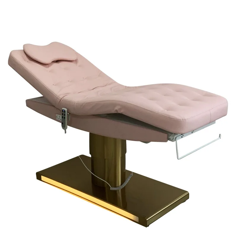 Hot sale luxury electric facial beauty bed 3 motor gold stainless steel base black pink eyelash curved bed for beauty salon
