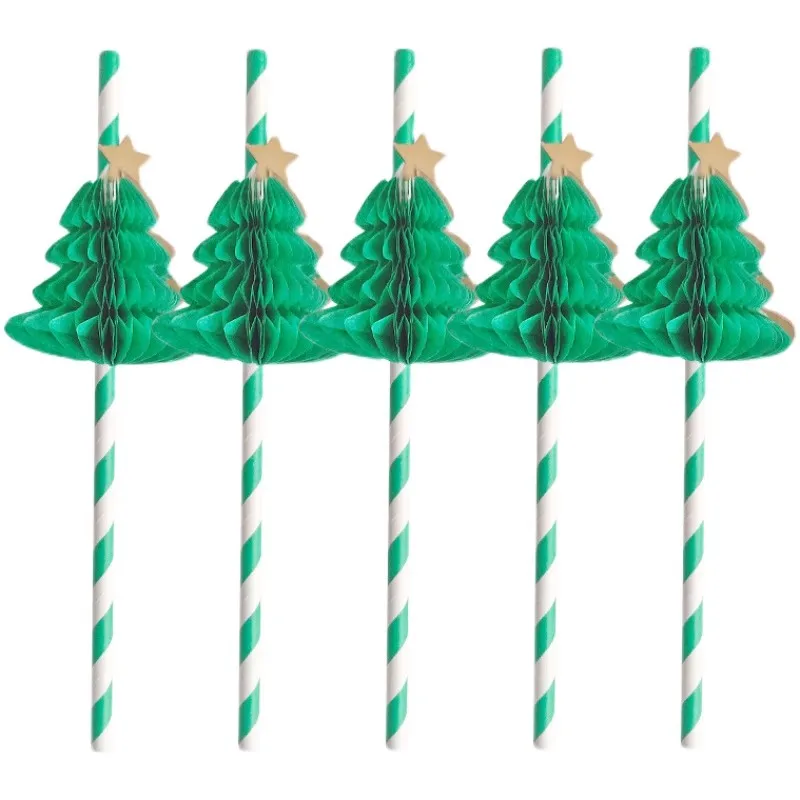 Christmas Tree Attached Green Paper Drinking Straws Biodegradable Holiday Straw
