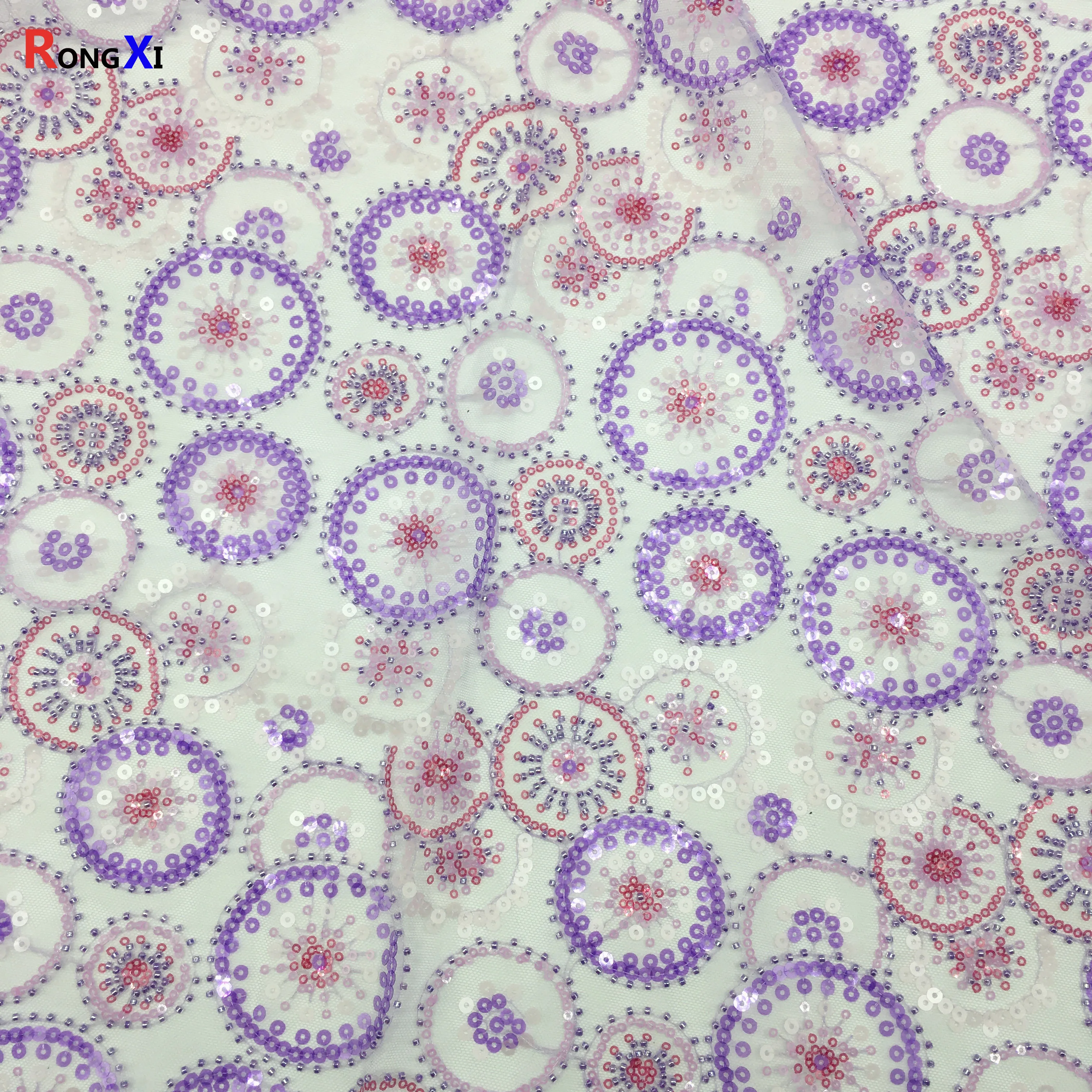 RXF2248 circle embroidery 3mm sequin Beaded purple mesh lace Fabric