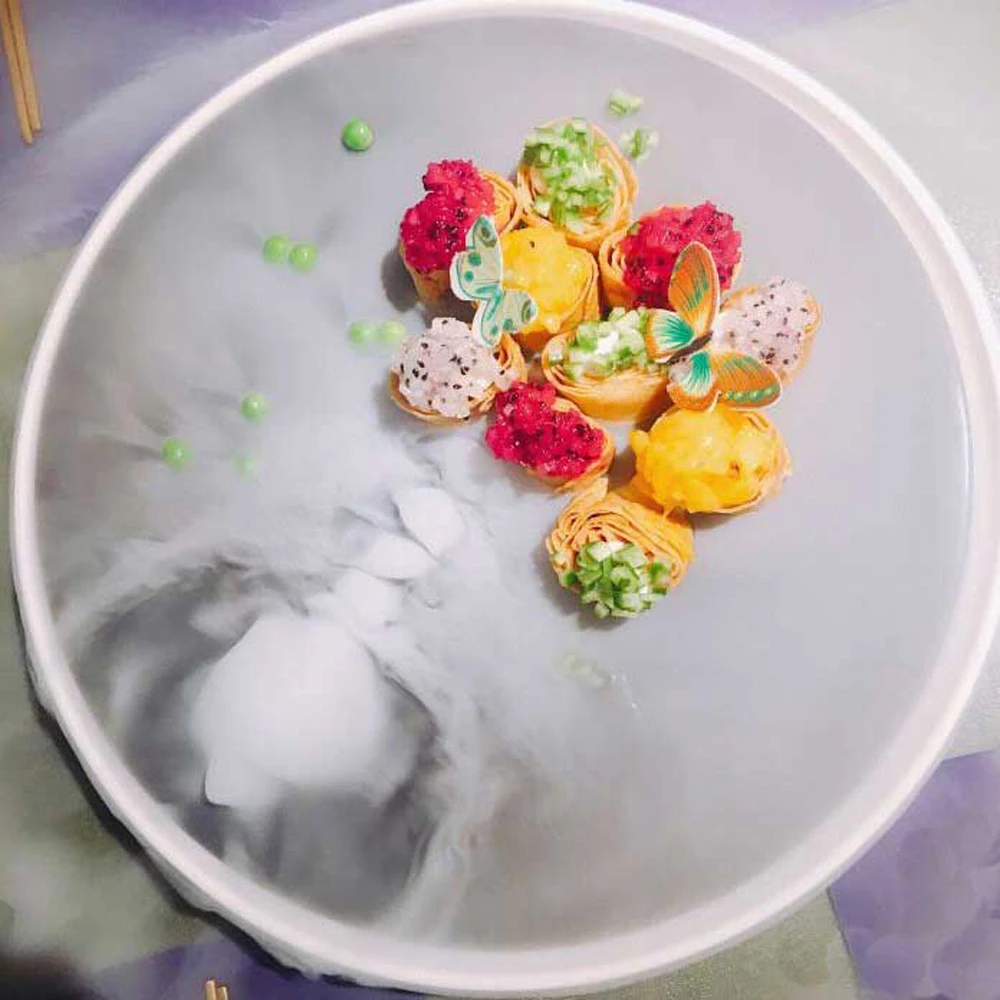 
Gastronomy Plate Tray Dry Ice Fruit Dish Serving Dish Ceramic Round Dry Ice Trays 