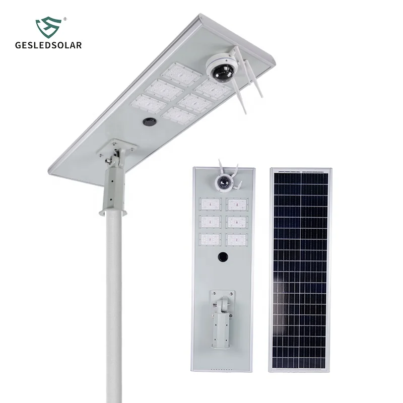 60W All-In-One Solar Street Light with 18V 80W Panel IP65 Rated LED Outdoor Use 200W Power CCTV Camera Included Road Application