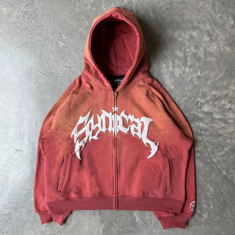 Custom Streetwear Oversized Acid Stone Washed Distressed Puff Print Hoodie Sun Faded Acid Wash Zip Up Hoodies For Men