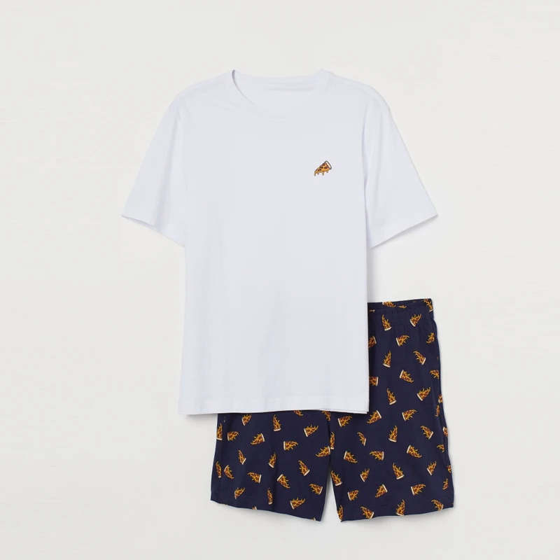 Футболка с коротким рукавом и шорты мужской пижамный комплект с принтом пиццы хлопковая летняя одежда для сна семейная Пижама