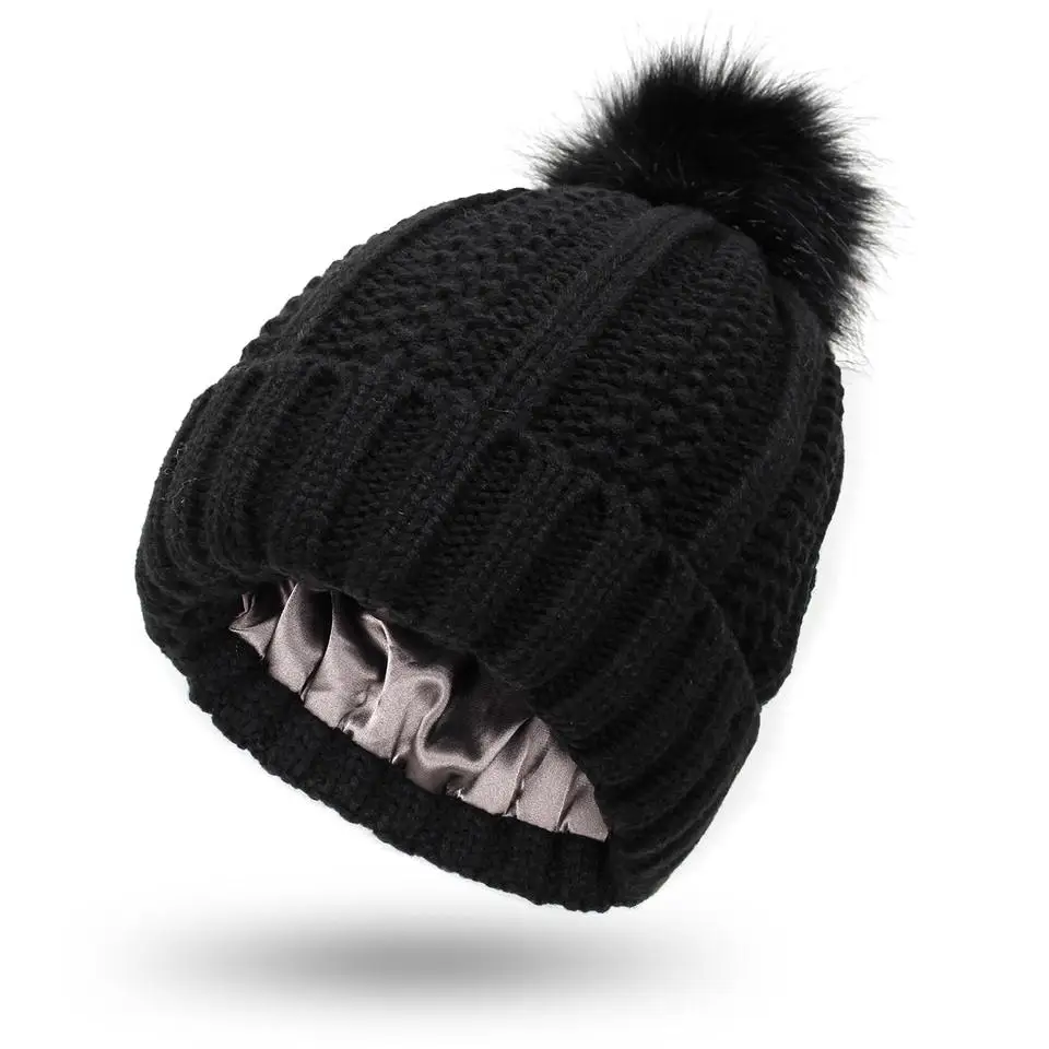 Winter Knitted Pom Pom Beanie With Satin Lined Chunky Silk Lining Knit Hat