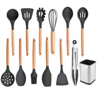 
Kitchen Accessories Silicone Non Stick Cookware Sets Kitchen Utensil with Wooden Handle 