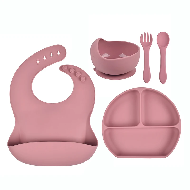 5 Pack silicona de bebe feeding supplies baby snack container bowl suction plate bib spoon fork  set